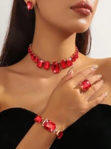 1 conjunto de colar de cristal geométrico de luxo feminino, brincos, pulseira e anel, cravejado de strass, conjunto de joias da moda, versátil para vestidos de noite - Conjunto de quatro peças de cristal geométrico - Ver 14