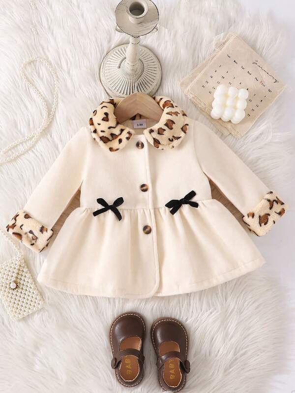 Baby Mädchen Leoprint Fleece Einsatz Kragen Schleife Winter Warme Jacke, stilvoller Mädchen zugeschnittener Wollmantel geeignet für kalten Herbst/Winter