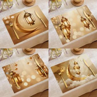 1 件/4 件/6 件春季斋月装饰餐垫，亚麻餐垫，带灯笼、月亮、云朵和星星图案，经久耐用，适合家庭餐厅、餐厅、餐桌装饰、家居饰品