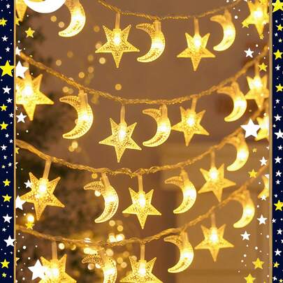 10/20/40/80LED 月亮和星星灯串，适用于新月派对，迷你月亮和星星仙女夜灯，1.5/3/6/10 米弯曲月亮灯串，由干电池供电（不包括）