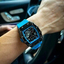 EA 1pc Men's Black Rubber Strap Racing-Themed Hollow Design Stylish Timepiece With Barrel-Shaped Gift Box Packaging, Cool Personalized Fashion Holiday Gift For Him, Christmas Gifts