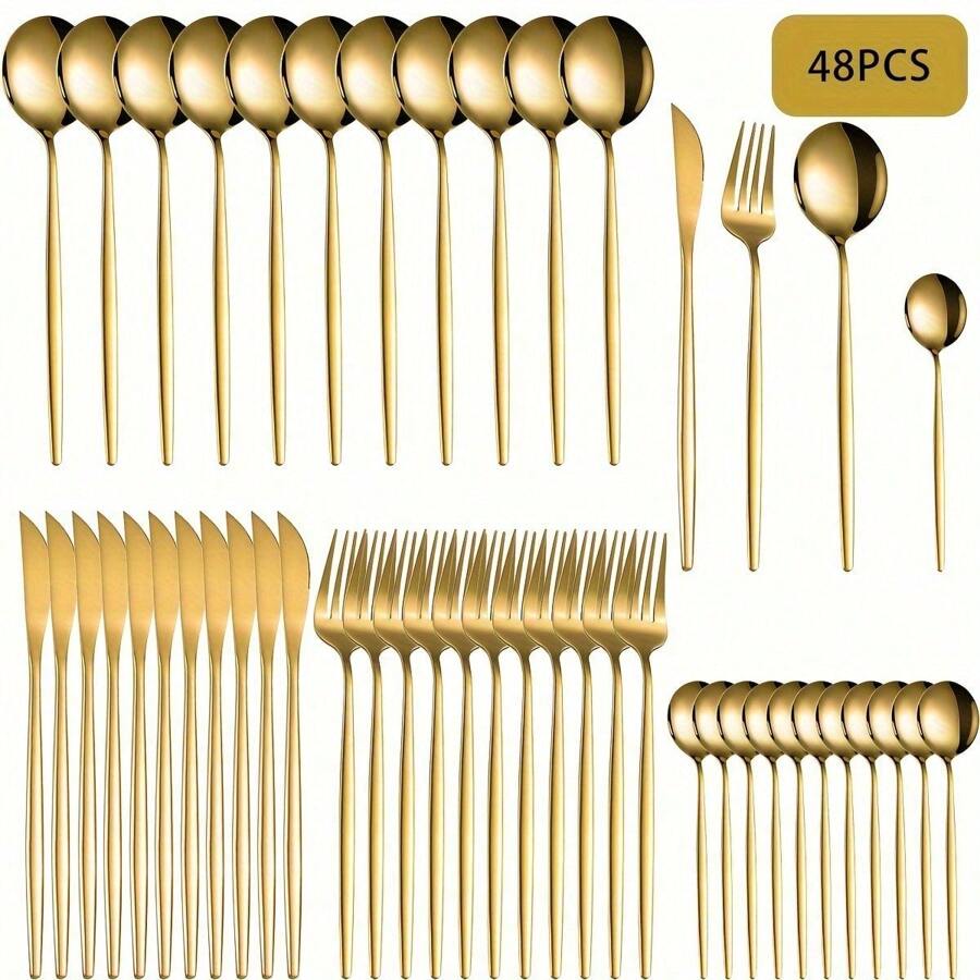 36pcs/48pcs Stainless Steel Cutlery Set Serves Cutlery Set, Forks Knives Spoons Set, Dinner Cutlery Golden Knife Fork Spoon Dishwasher Safe Tableware For Restaurant Catering Food Truck Supplies - Bộ đồ ăn bằng vàng 48 món - Xem 1