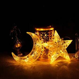 Set de 2 luces decorativas de cristal con diseño de luna y estrella, luces de cuerda con ventosa alimentadas con batería para la habitación, Eid Mubarak, decoración de Año Nuevo 2025, material de plástico, máximo 36V (baterías no incluidas)