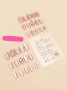 30 Pieces Of Short Coffin-Shaped Press-On False Nails, Simple Sparkling Diamonds, Sweet And Cool Japanese And Korean Style Women's Fingernail Patches, New Fashion For Fingertips, With 1 Piece Of Jelly Glue And 1 Piece Of Rub Strip, Suitable For Daily Casual Wear At Women's Parties And Dances Disassemble And Rewear