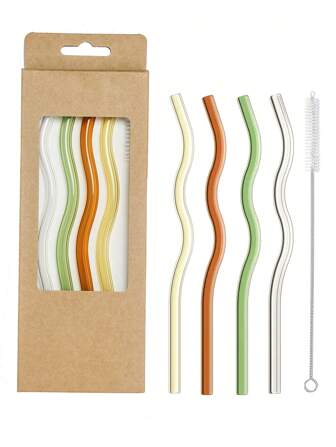 套装（4 根吸管 + 1 个刷子）波浪形玻璃吸管，可重复使用的彩色玻璃吸管，配有 1 个清洁刷，耐热，非常适合冰沙、茶、咖啡、果汁、节日派对婚礼、厨房用具、派对用品，20 厘米/7.8 英寸，学校用品
