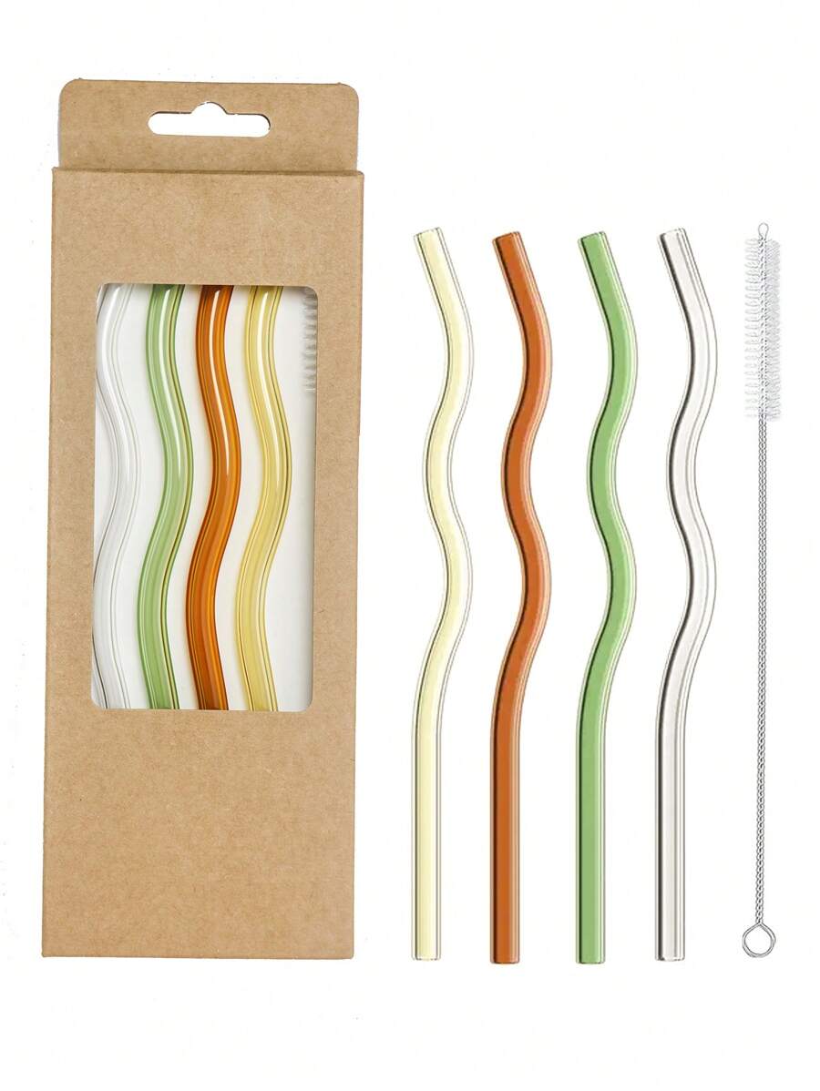 Set (4 Straws + 1 Brush) Wavy Glass Straws, Reusable Colorful Glass Straws With 1 Cleaning Brush, Heat Resistant, Perfect For Smoothies, Tea, Coffee, Juice, Festival Party Wedding, Kitchen Utensils, Party Supplies, 20cm/7.8inch,School Supplies