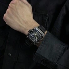 EA 1pc Men's Black Rubber Strap Racing-Themed Hollow Design Stylish Timepiece With Barrel-Shaped Gift Box Packaging, Cool Personalized Fashion Holiday Gift For Him, Christmas Gifts