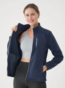 女士户外抓绒外套，保暖透气立领修身羊羔绒拉链连帽衫，适合徒步、运动、冬季穿着、滑雪 - 藏蓝色 - 查看 11