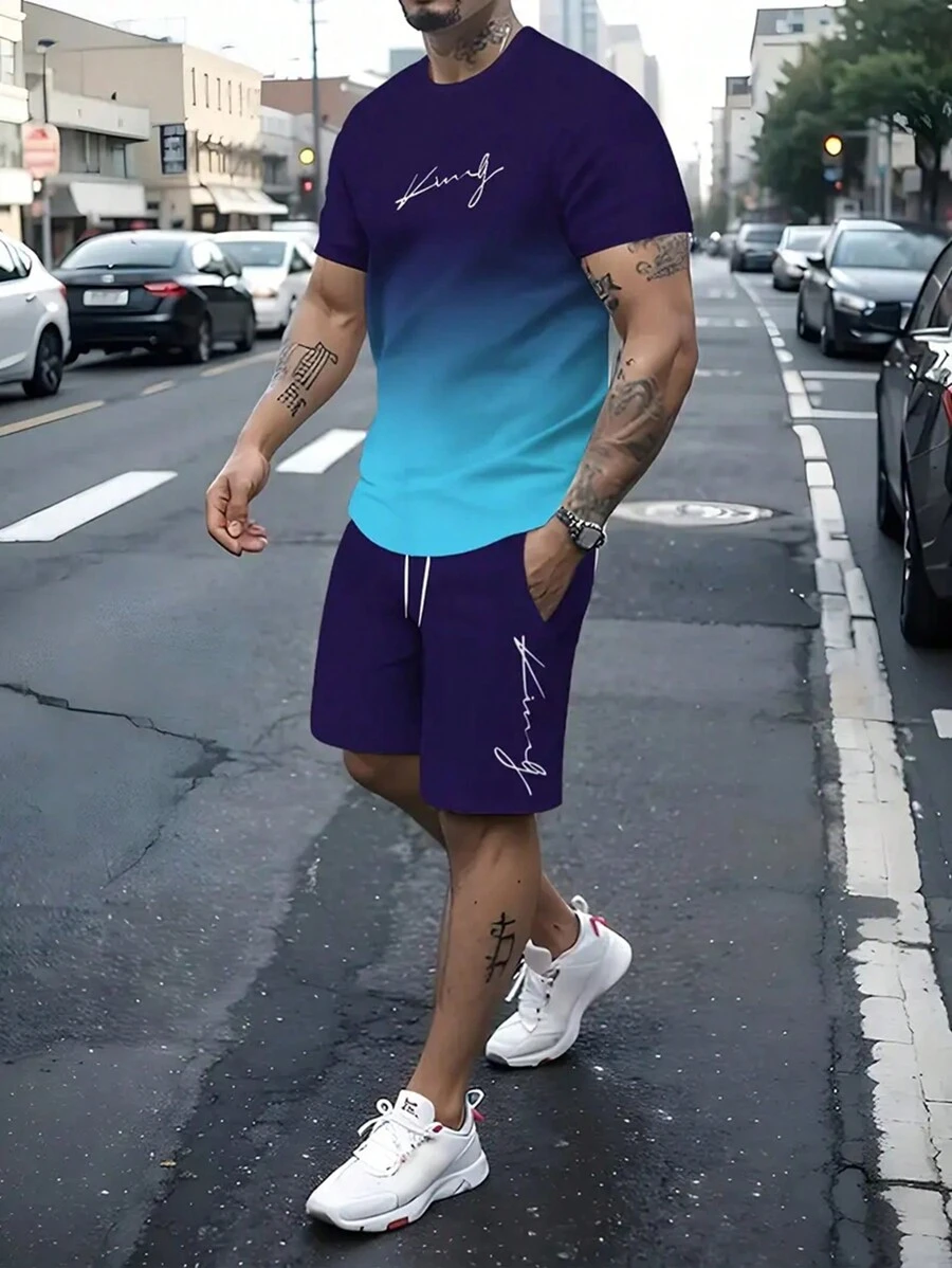 2 piezas de conjunto co-ord de verano con degradado para hombres: camiseta de cuello redondo de manga corta y pantalones cortos con cordón y bolsillos - Tela de poliéster, ligeramente elástica, lavable a máquina, estilo casual