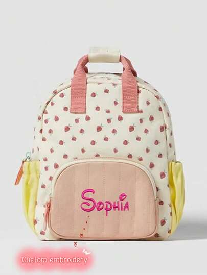 Embroidered Strawberry Cute Backpack, Student Bag For Boys And Girls, Autumn/Winter New Arrival, INS Style, Elementary School Bag, Kindergarten Bag, Casual Outdoor Travel Small Backpack, Customizable Letter, Back To School/Holiday Gift