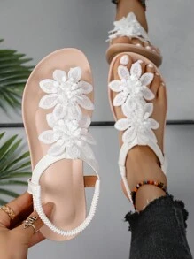 Sandalias planas con correa elástica cómodas y suaves con flores de encaje hechas a mano de estilo bohemio para mujer, nuevas para el verano