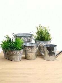1 pezzo Vaso da fiori in ferro vintage lavorato a rilievo, vaso da fiori in latta bianca vintage con manici in legno stile giapponese Mori, vaso ovale per balcone, fattoria, giardino, esterno, vaso da tavolo per piante, secchio in ferro per piante da esterno, decorazione per giardino e casa