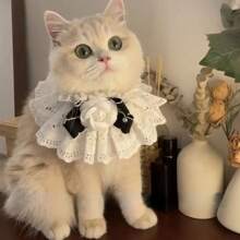Cat Lace Necklace Accessory, Pet Plush Bow Tie Scarf, Dog Bell Collar, Bib - Black and White - View 1