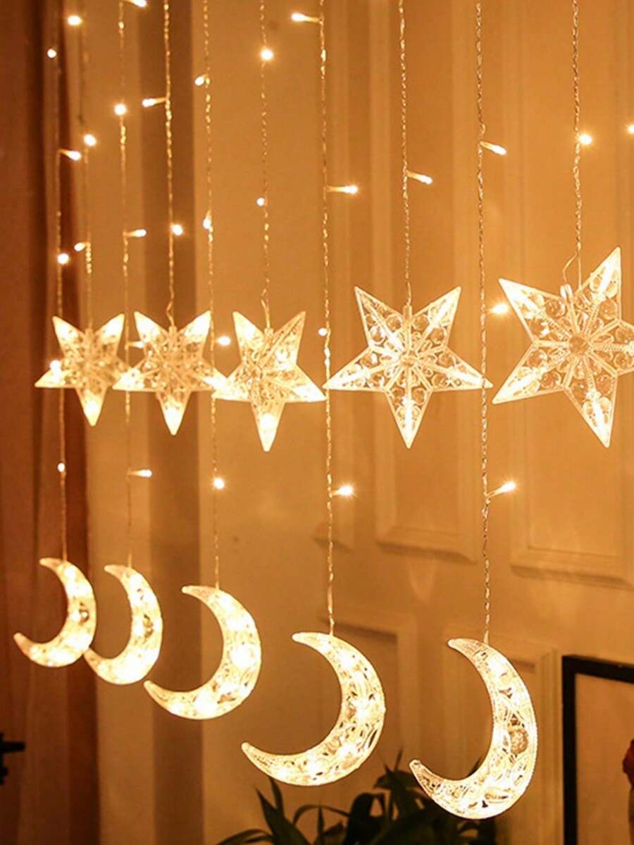1 件 4x0.8M 115 LED 空心星星月亮窗帘灯，温暖的亚克力装饰灯串适合室内节日气氛 - 暖光 - 查看 1