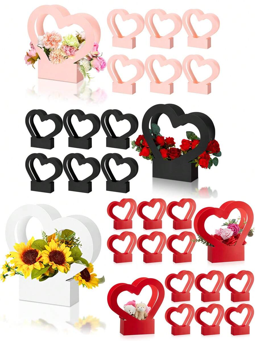 2Pcs Heart Shaped Flower Gift Boxes,Bouquet Bags With Handle Folding Basket For Valentine's Day Floral Arrangement Wedding Mother's Day Valentine Day