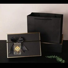 2 Packungen Geschenkbox Event Party Zubehör Verpackung Schwarze Goldene Dicke Geschenkbox mit Schleifenbox, Geschenkverpackung, geeignet für Valentinstag und Party Geschenkverpackung, schwarzes Gold Set (Anhänger und Geschenkbox)