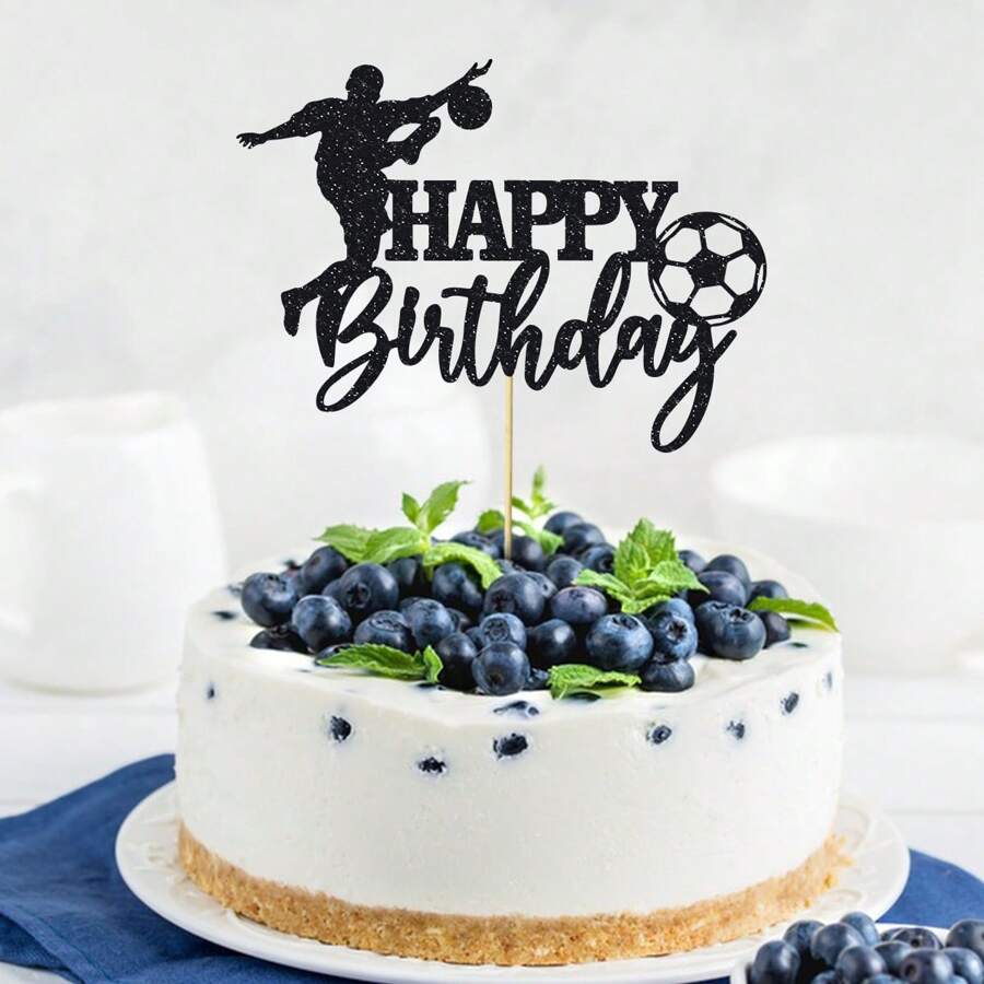 1 件足球蛋糕装饰生日快乐标志足球运动员蛋糕装饰运动主题男士生日派对用品 - 黑色 - 查看 1