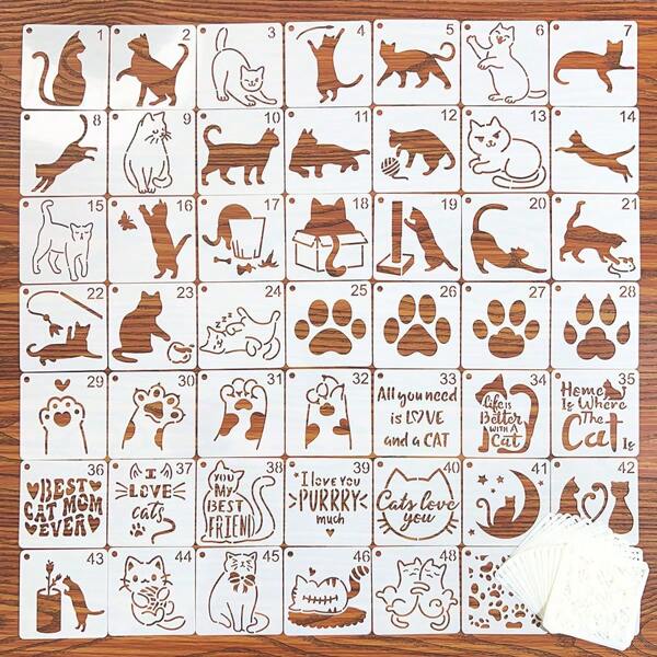 64 件可爱猫形镂空绘画模板、猫爪、毛线球涂鸦、模板绘画 DIY 装饰可重复使用塑料材料、返校、学校用品