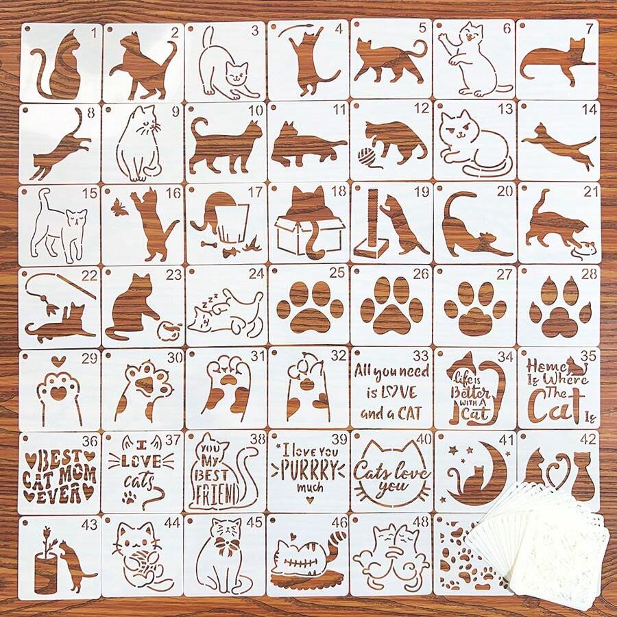 64pcs Cute Cat Shaped Hollow Drawing Template, Cat Paw, Yarn Ball Graffiti, Stencil Painting DIY Decoration Reusable Plastic Material,Back To School,School Supplies - Single Piece - View 1
