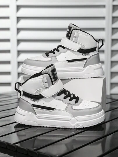 Kids High-Top Skateboard Shoes, With Buckle Closure Design, Fashionable Color Blocking High-Top Casual Shoes, Kids Versatile Sports Sneakers