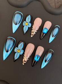 10 Stücke reine handbemalte Nagellack Verwischung kleine Strass Französisch handbemalte kleine Leoparden Muster Französisch kleine rosa Strass Blume lebendiges Mädchen Dopamin geeignet für Partytragen, wiederverwendbar Nägel, Aufklebe-Nägel, Nagelbedarf - Verschiedenfarbig - Übersicht 2