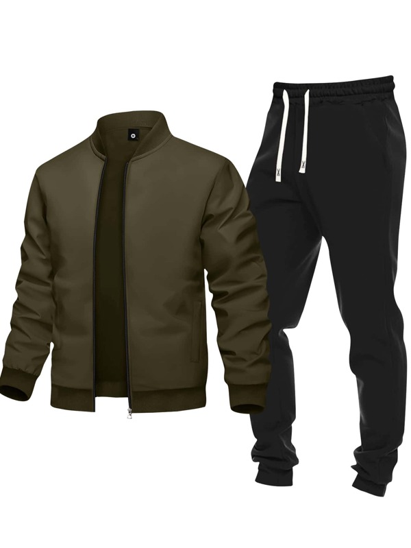 2pcs Men Casual Sports Suit Set, Lightweight Jacket And Pants, Spring/Autumn Classic Solid Color All-Match Versatile Retro Minimalist Outfit For Outdoor, Daily Wear, Running