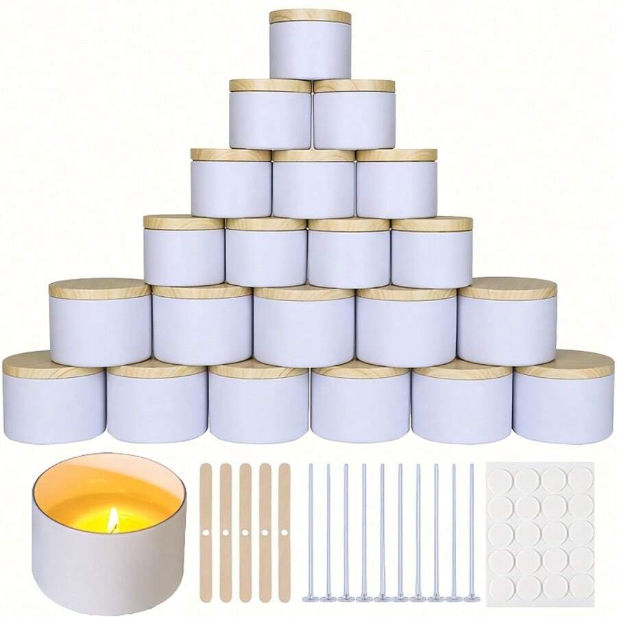 42 Peças/6 Conjuntos Latas de Vela Brancas, Frascos de Vela Pretos Foscos de 4 Onças com Tampas de Grão de Madeira para Fabricação de Velas, Suportes de Pavio, Autocolantes de Pavio para Fabricação de Velas, Artesanato DIY, Armazenamento de Pequenos Itens