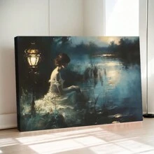 Vintage French Country Canvas Art Print- Beautiful Woman In Rustic Forest & River Scene, Wooden Framed Wall Decor For Living Room, Bedroom, Home Office