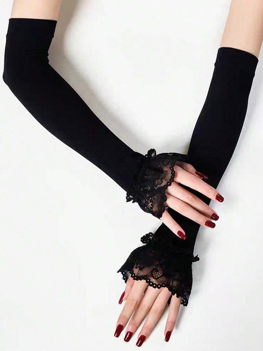 1 Pair Solid Color Knitted Lace Trim Arm Warmers For Women, Black & White, Mid-Length Knitted Sleeve Cuffs, Autumn/Winter - Multicolor - View 1