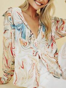 Women's Marble Print Drop Shoulder Long Sleeve Single-Breasted Casual Shirt