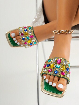 彩色水晶装饰女士平底凉鞋，舒适休闲露趾一脚蹬，适合户外、海滩、派对、夏季