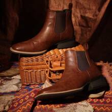 [Christmas Gift]Eleet Western Cowboy Boots For Men - Square Toe Chelsea Boots Ankle Casual Retro Stylish Boots Brown Classic Comfort Walking Men Shoes - Bright - View 2