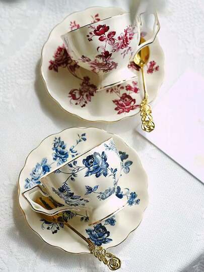 1pc French Afternoon Tea Coffee Cup Set, Delicate Ceramic Coffee Cup & Saucer, Vintage Afternoon Tea & Floral Tea Set, Elegant Red & Blue Pattern, Suitable For Gifts, Couples, Home Use Back To School