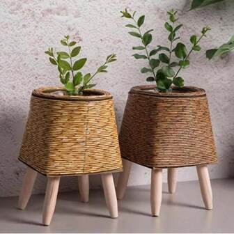 1 pieza Soporte rústico de ratán para maceta, contenedor de almacenamiento creativo para suculentas, macetero decorativo con soporte, jarrón para flores, decoración del hogar, cesta de regalo, organizador de suculentas, soporte para macetas (empaque de cartón)