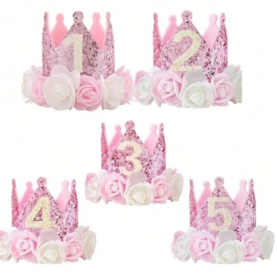 1 件，1-5 岁生日帽装饰首次礼物玫瑰金粉色皇冠派对公主头饰照片装饰生日帽派对皇冠带玫瑰装饰和 0-5 数字亮片发饰公主生日派对节日淋浴