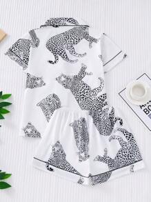 Marira 2pcs Leopard Print Women Pajama Set, Lapel Short Sleeve Top And Loose Elastic Shorts, Party Sleepwear, Casual Women Nightwear And Loungewear, Two Pieces Set - Black and White - View 2