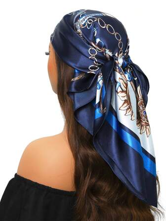 1 件女士时尚印花 90 厘米围巾带链，适合日常佩戴缎面方形围巾头巾，涤纶材质，适合所有季节的柔软围巾