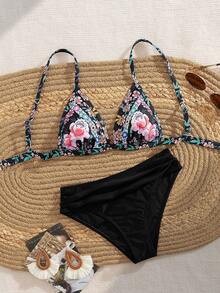 Women's Elegant Floral Print 2pcs Bikini Set, For Summer Beach Vacation