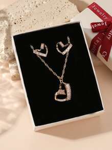 Set de 3 piezas/caja de Pendientes, Collar con Círculo y Corazón de Circonita Brillante, para uso diario, fiesta, citas, boda, regalo nupcial, regalo para el amante, regalo para la mamá, regalo de Día de San Valentín, regalo de cumpleaños, regalo de Año Nuevo, mamá, madre, Día de la Madre, regalo