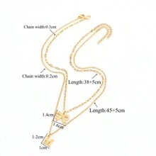 Bộ 2 món mặt dây chuyền hình nơ chữ cái màu vàng cổ điển, dây chuyền hình môi, dây chuyền nhiều lớp bằng thép không gỉ dành cho nữ. - Vàng - Xem 2