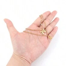 Bộ 2 món mặt dây chuyền hình nơ chữ cái màu vàng cổ điển, dây chuyền hình môi, dây chuyền nhiều lớp bằng thép không gỉ dành cho nữ. - Vàng - Xem 3