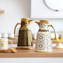 Cafetera térmica de 1000 ml, Body de acero inoxidable de doble pared con patrón dorado, interior de PP, forro interior de vidrio, botella térmica de forma única que mantiene caliente hasta 12 horas/fría hasta 24 horas, servidor/dispensador de café, vuelta al colegio
