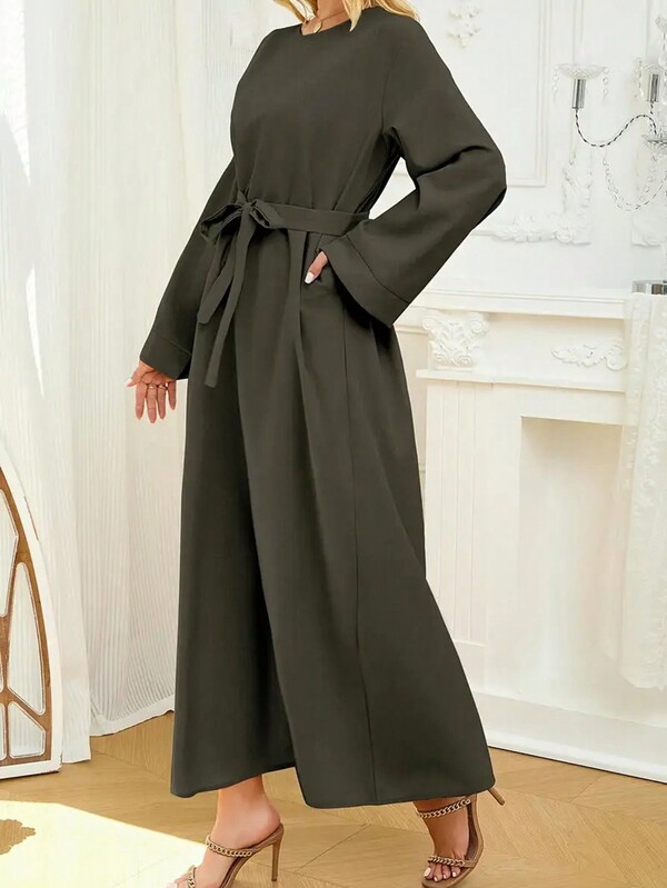 Vestido Kaftan de gola redonda de cor sólida, vestido solto elegante de manga comprida, para mulheres