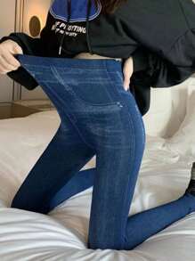 Leggings casuais de efeito Denim para mulheres na primavera/outono, cintura alta elástica, ajuste slim, com bolsos falsos, confortável e versátil para fitness, corrida, exterior, rua, agachamentos profundos, ioga - Azul