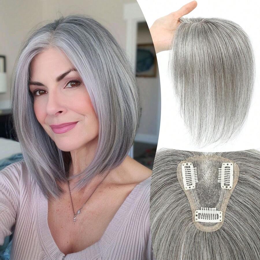 Hair Toppers For Women Real Human Hair, Black Hair Toppers For Women With Bangs Top Hair Extensions Hair Pieces For Thinning Hair Upgrade Lace Base Premium RemyHuman Hair Toppers - Grey - View 1