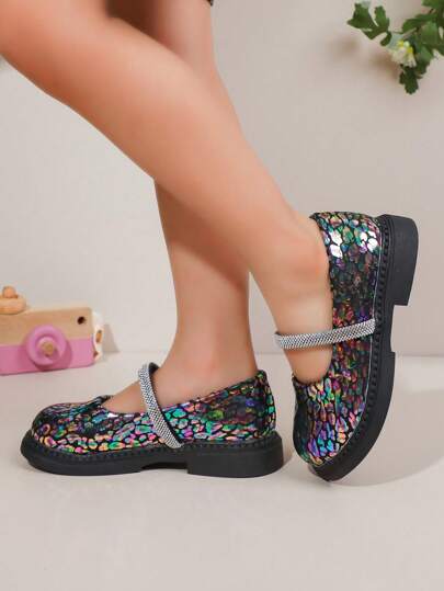 Girls 7-Color Leopard Print Leather Square Toe Shoes With Rhinestones, All Season
