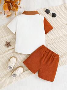 2pcs Baby Boy Set, Corduroy Patchwork Short Sleeve Shirt + Solid Color Shorts, Casual & Fashion, Spring/Summer