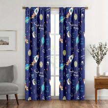 1 Set / 2 Stück Cartoon Weltraum Vorhänge, 100% Polyester halbtransparent - UV-Schutz Gardinen, mit Motiven von Galaxie, Rakete, Astronaut, Universum, Planet Fensterdekorationen, coole 3D-bedruckte Fenstervorhänge mit Themendesign