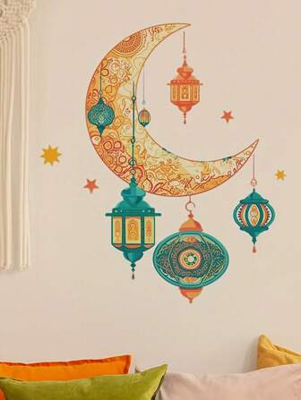 1 件伊斯兰风格墙面装饰 - 星星、月亮和灯笼自粘式可移除墙贴，适用于汽车、笔记本电脑、门、窗和橱柜卡通设计