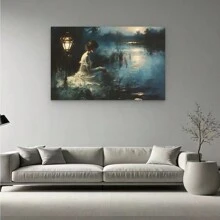 Vintage French Country Canvas Art Print- Beautiful Woman In Rustic Forest & River Scene, Wooden Framed Wall Decor For Living Room, Bedroom, Home Office
